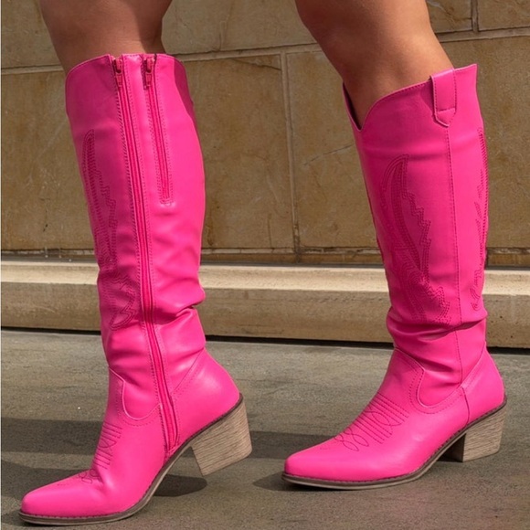 Pierre Dumas Hot Pink Cowboy Heeled Knee Boots - Picture 2 of 2
